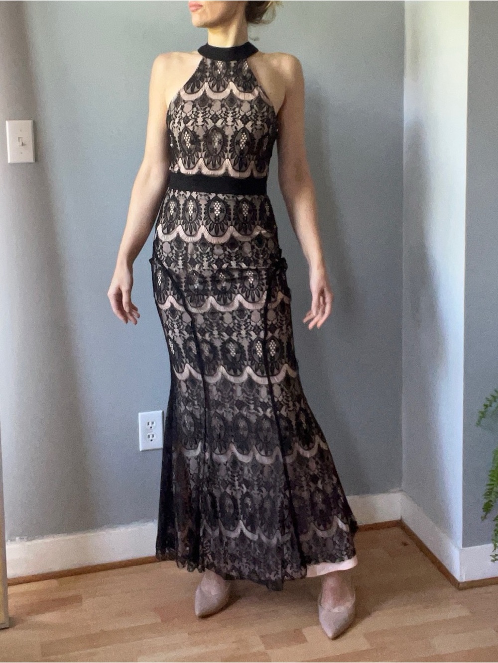 Sleeveless halterneck Black Lace mermaid Maxi Dress with Nude Underlay